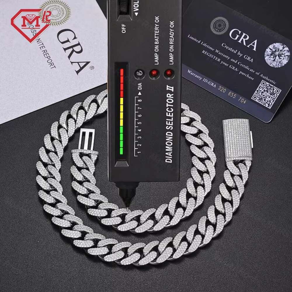Hip Hop Cuban Link Chain Miami 15mm 925 Sterling Silver Vvs Iced Out Moissanite Cuban Chain