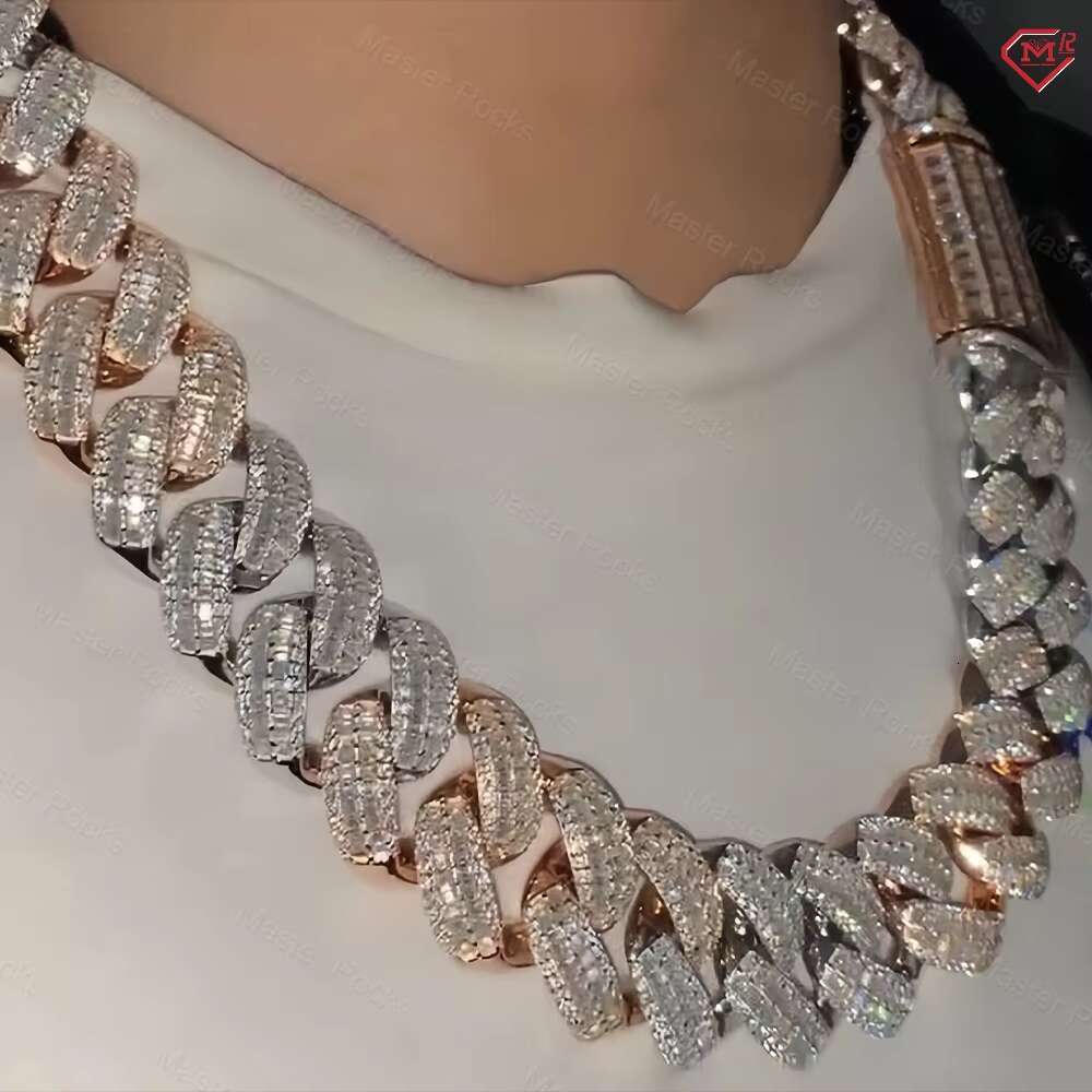 Luxury Hip Hop Jewelry 20mm Iced Out Cuban Rose Gold Two Tone Baguette Cut Moissanite Cuban Link Chain