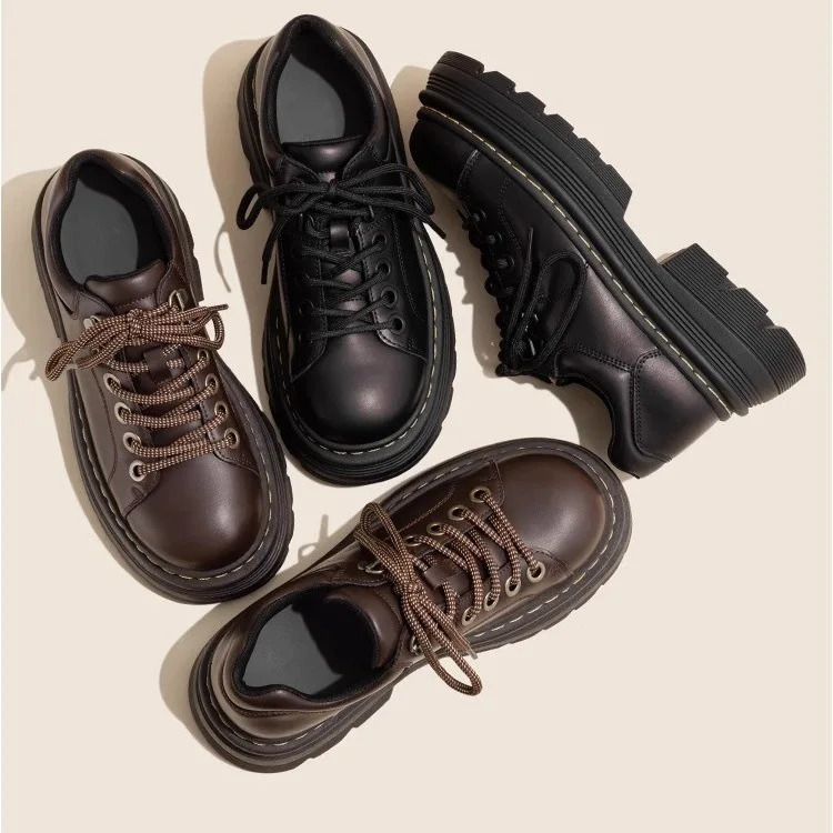 Womens Derby Shoes Autumn British Style Female Footwear Loafers With Fur Round Toe Clogs Platform Casual Sneaker Leather Fall Pr 250421