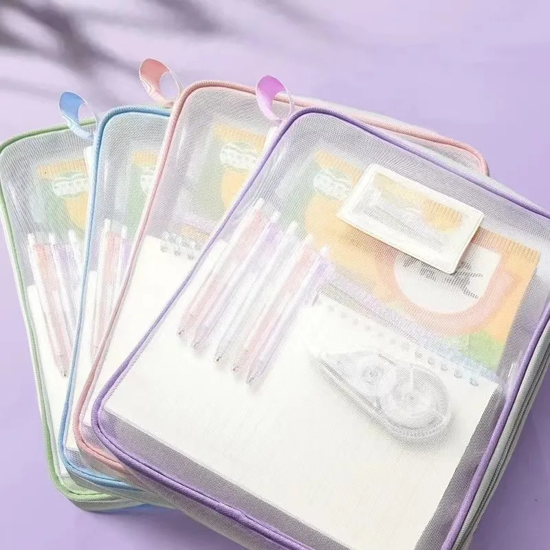 Transparent stationery storage folder thick mesh zipper file packaging A4 size school office supplies travel storage bag 250425