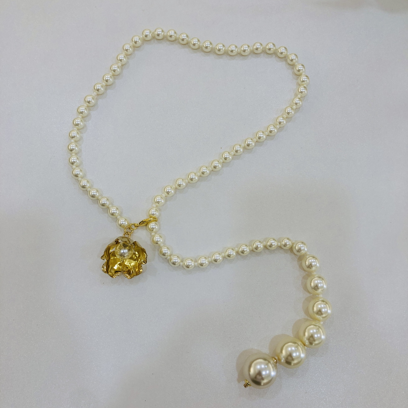 86CM pearl long necklace with gold plated flowers flowers can bloom for women High quality enhances temperament size can adjusted 002