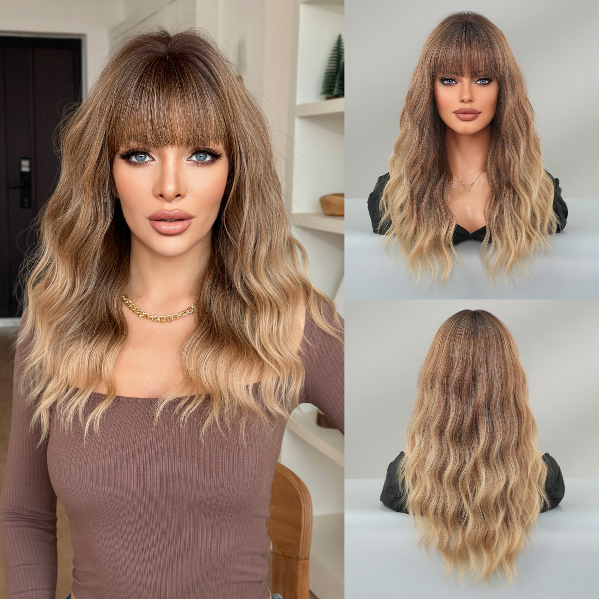 gradient 2025 brown medium long wavy curly hair with bangs top dyed appearance natural mechanism full head cover