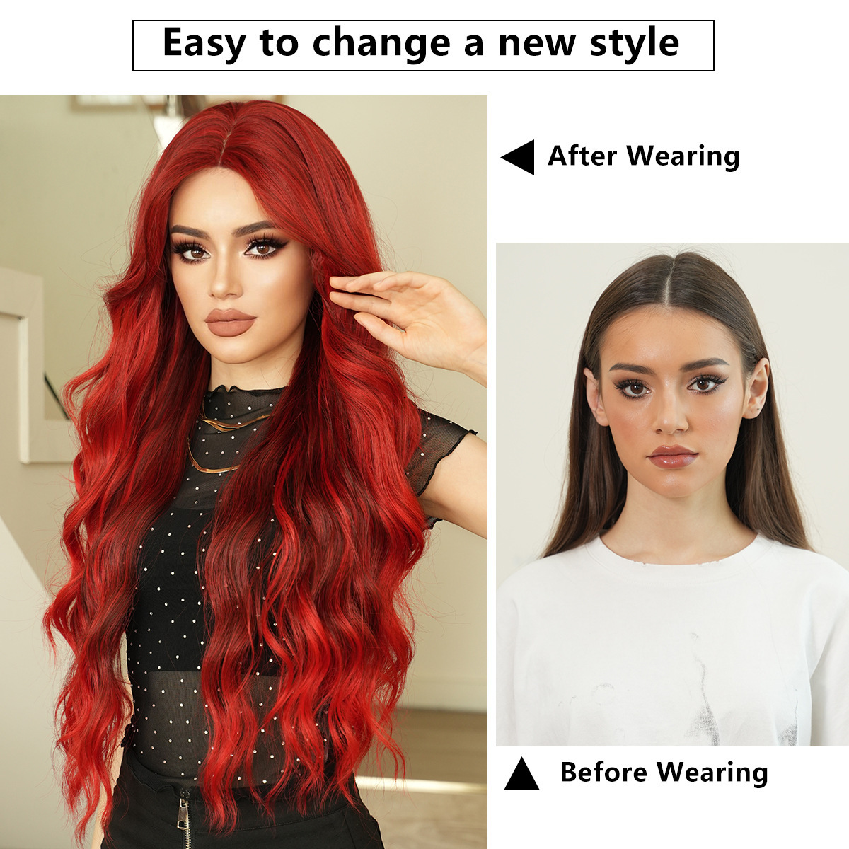 lace Small wig full head set with deep love rose gradient red for womens parties high-quality medium split long curly hair