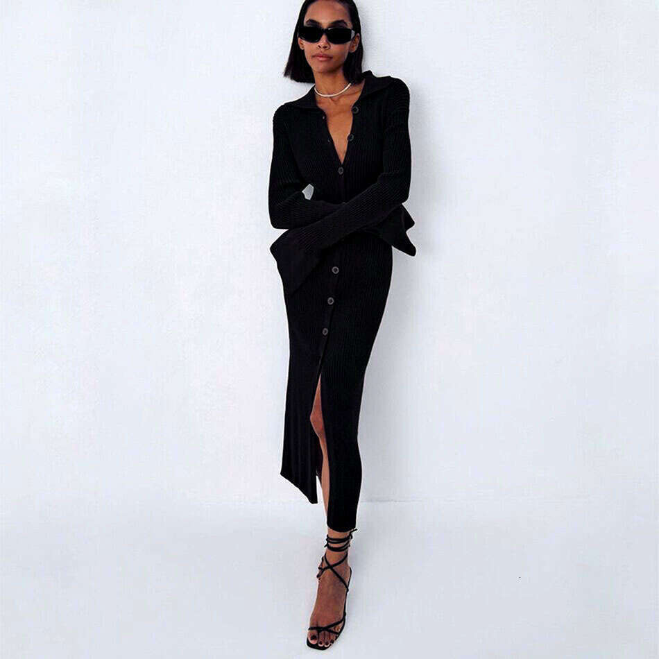 European and American 2021 autumn women's sleeved V-neck long flared sleeve sweater dress 0005 2025 new casual versatile fashion clothing