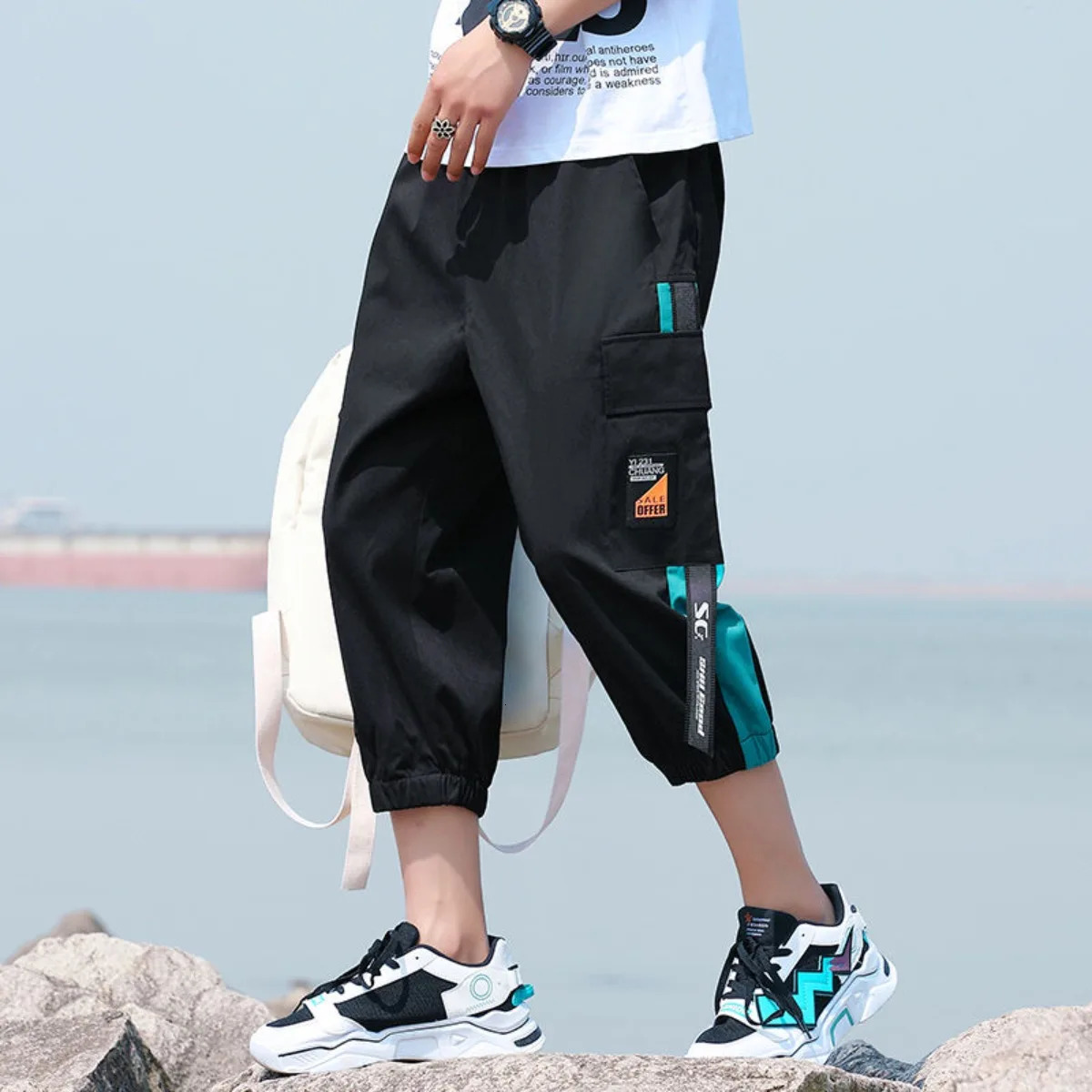 style hiphop below knee 34 long shorts mens tactical pants with multiple pockets summer diagonal work cargo 250425