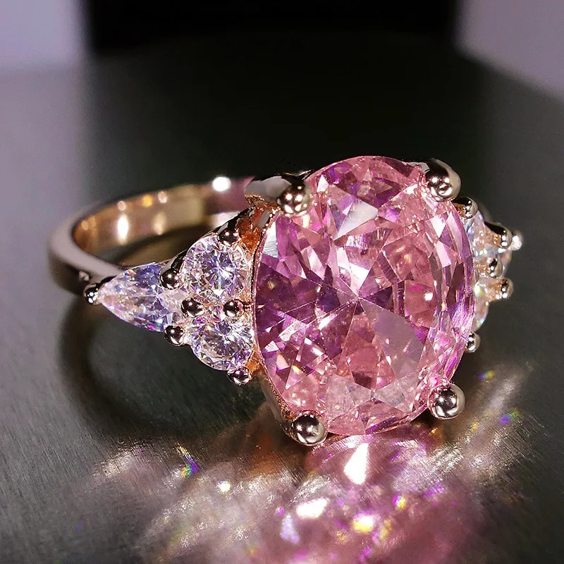 Pink zircon oval stone ring womens sparkling crystal engagement retro rose gold silver wedding jewelry 250428