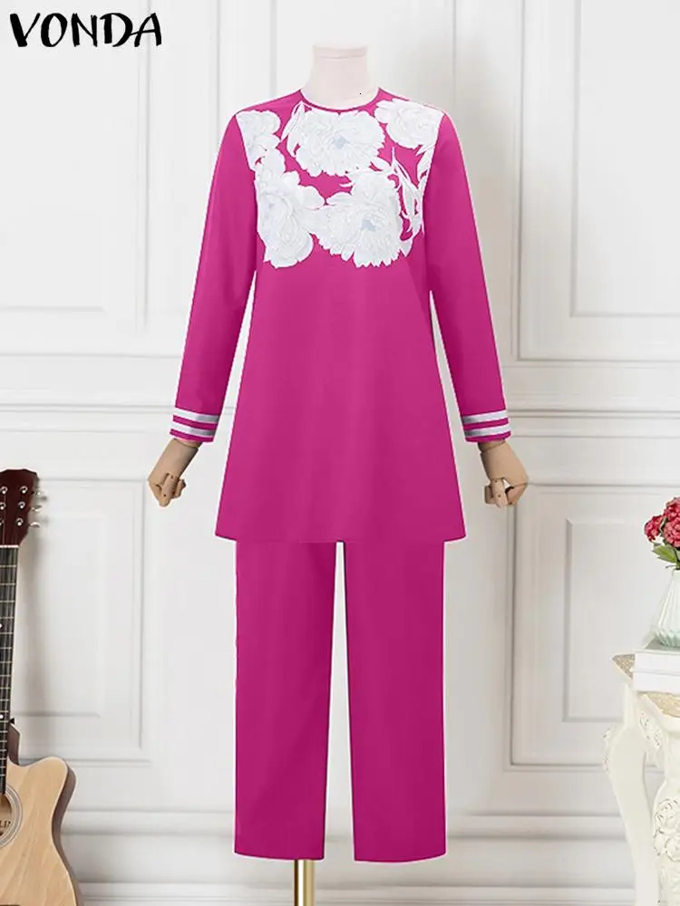 Size 5XL VONDA Retro Bohemian Pants Set Long Sleeve Top Womens Casual Printed Pants Loose 2-piece Elegant Office Set 250427