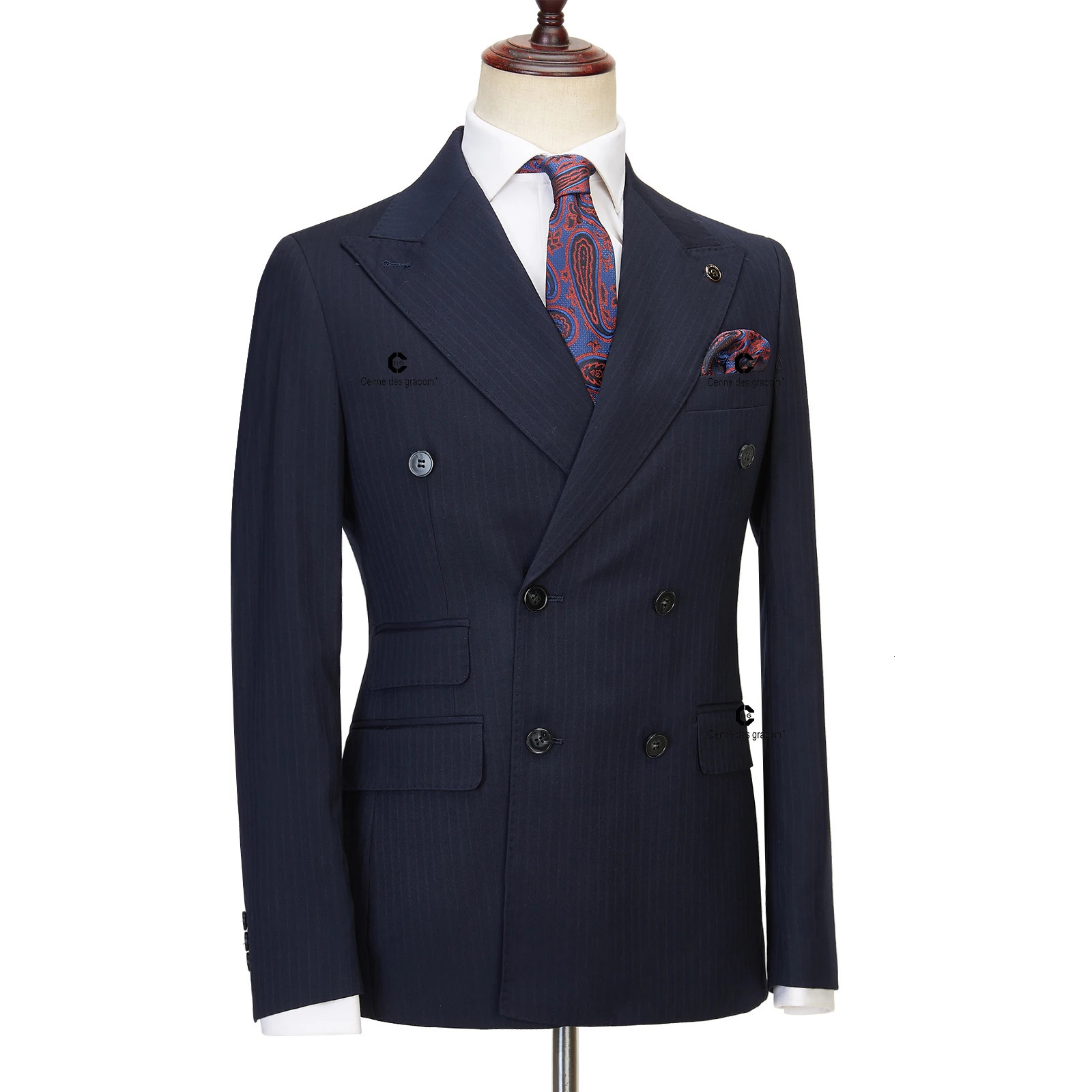 Cenne Des Graoom Double Chest Blue Black Striped Mens Custom 2piece Jacket Pants Business Meeting Wedding 250428