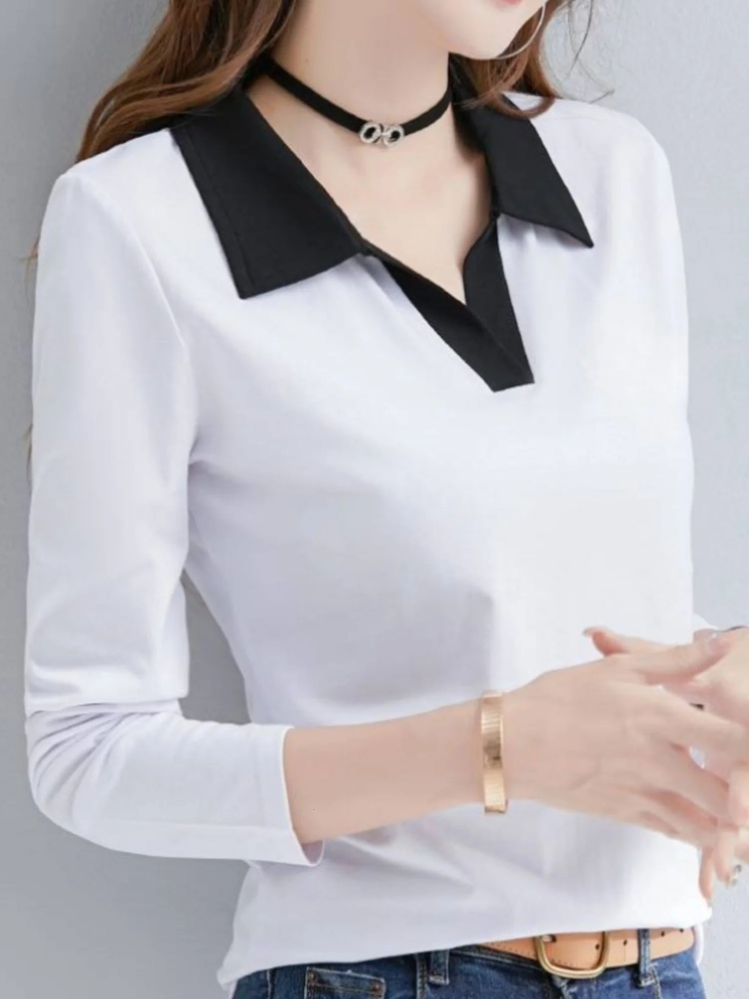 Solid color contrast n womens casual and fashionable daily long sleeved polo shirt spring automatic knitted top 250425