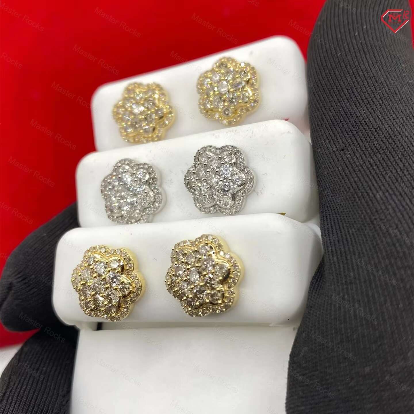 Luxury Stud Earrings 3D Flower Shape 11mm Iced Out 925 Sterling Silver 14K Gold Plated Moissanite Earrings