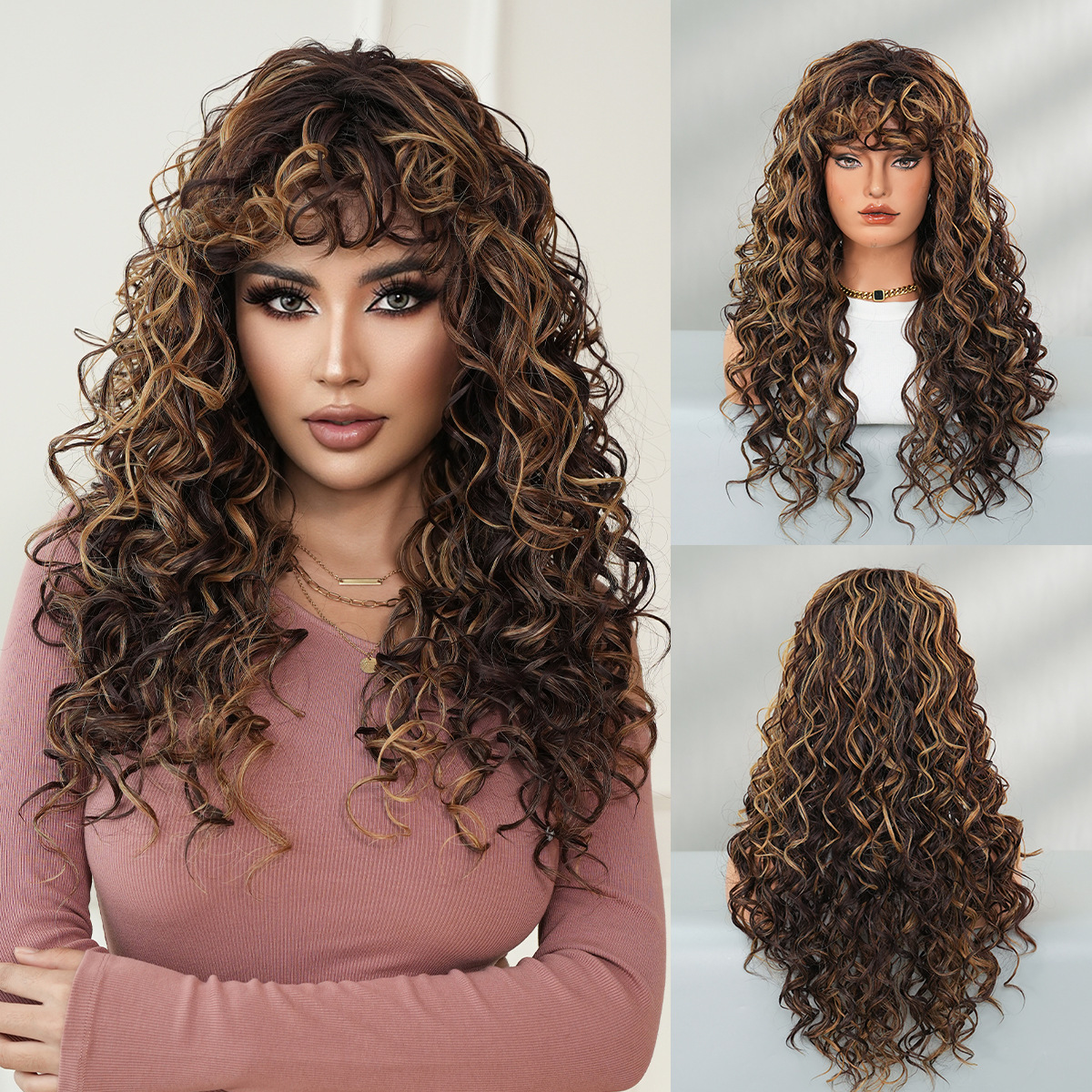 spicy New Asian honey gold curly black spring curly long hair with bangs and synthetic fiber mechanism wig