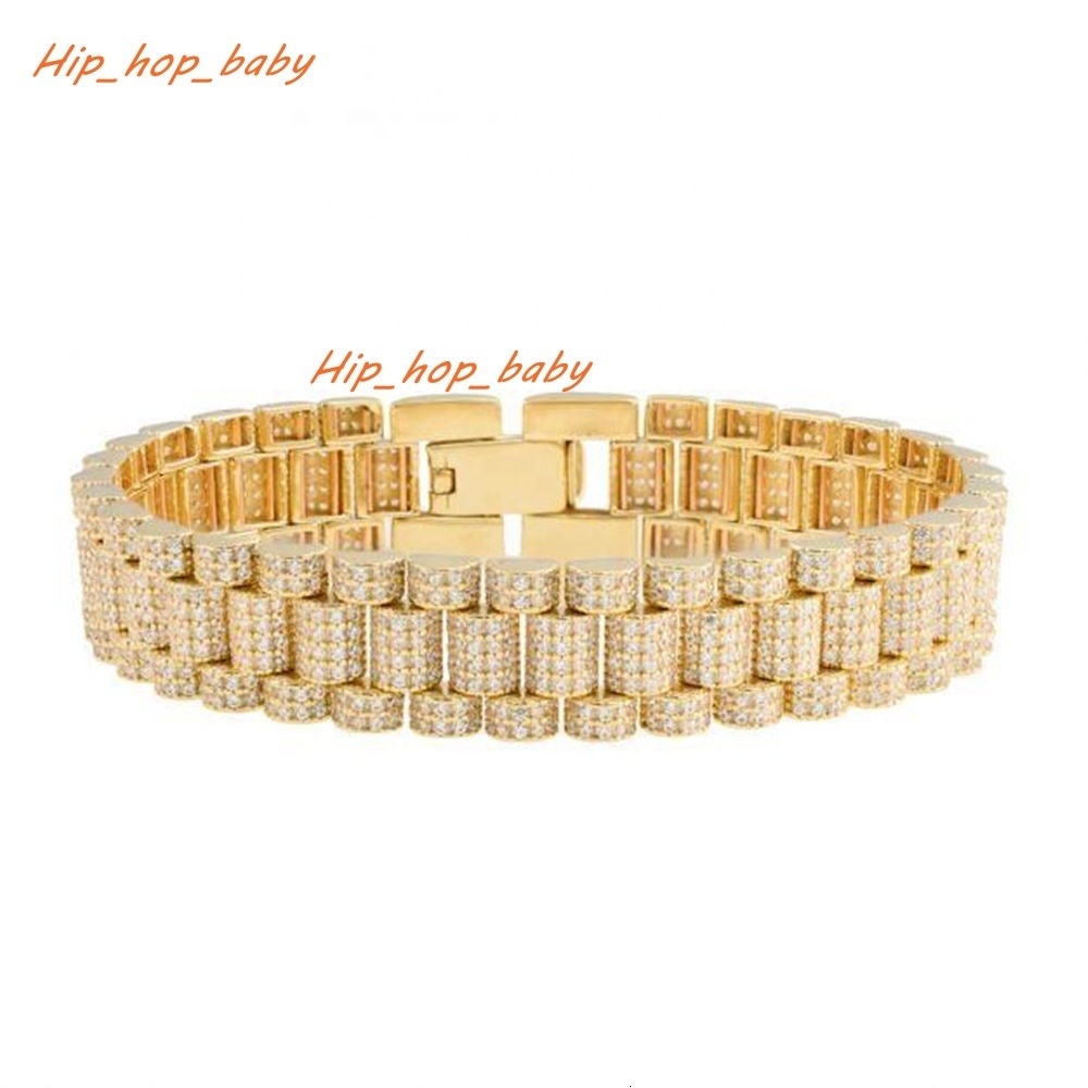 10MM Flower Setting Iced Out Branded Mens Wrist Watchband Bracelet 14K Gold Plated Hip Hop Moissanite Bracelet