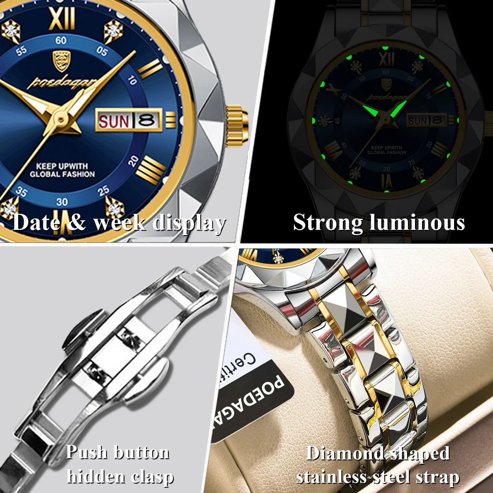 Poedagar and Elegant Womens Watch Luminous Waterproof Weekly Date Womens Watch Stainless Steel Quartz Fashion Womens Watch 250425