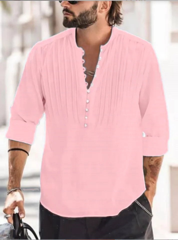 mens bandage round neck high-quality mens solid color cotton folding casual slim fit long sleeved shirt 250427