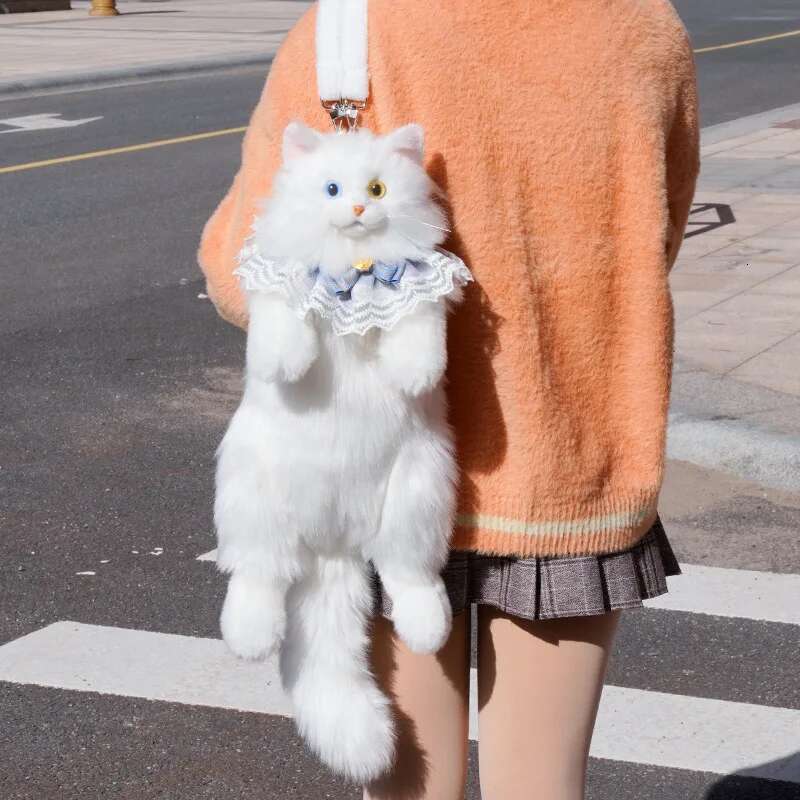 Super Cute Trendy Fashion White Plush Girl Backpack Pure Handmade Simulation Cat Shopping Bag Birthday Gifts For Kids