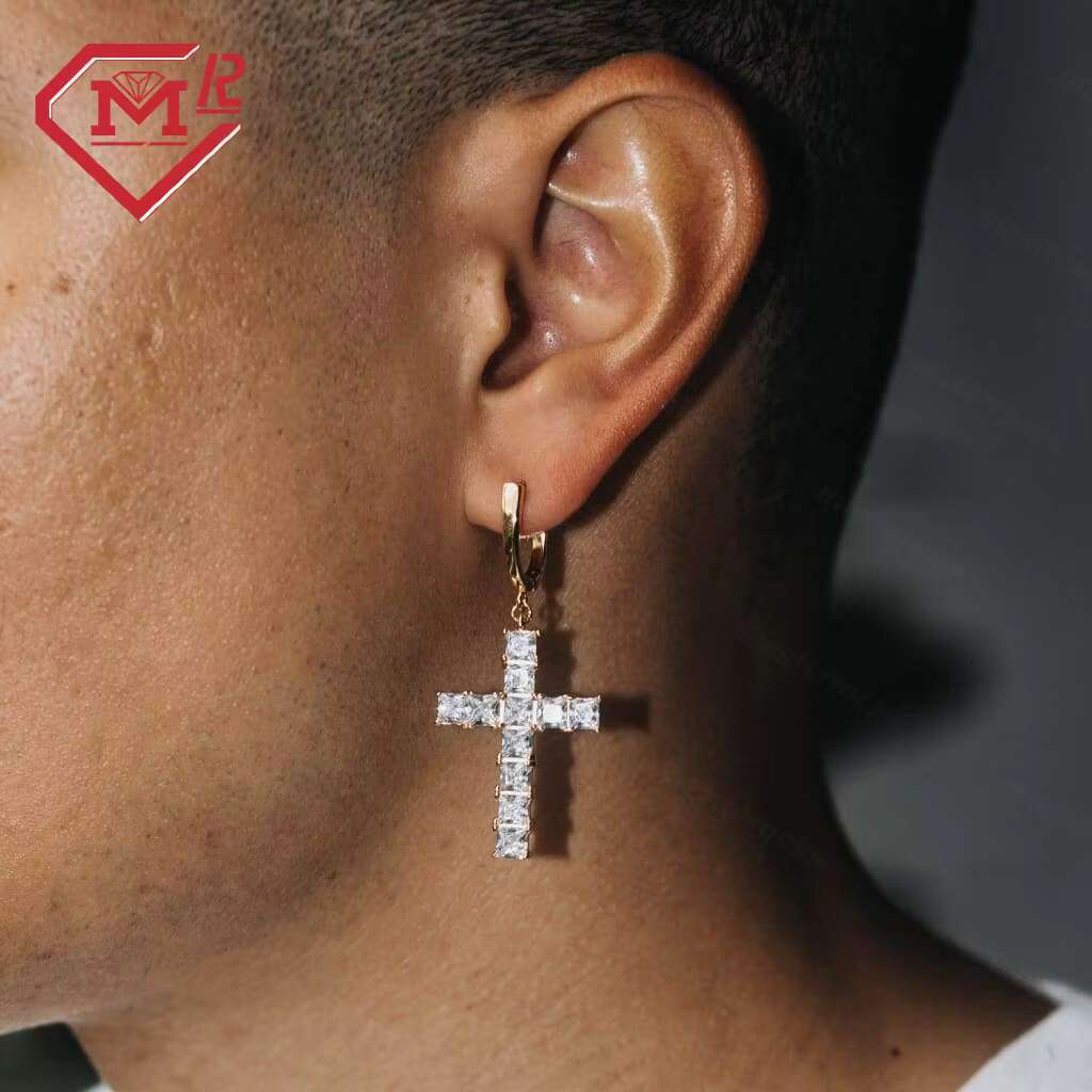 Top Iced Out Hip Hop Cross Earrings Asscher Cut Full Iced Out VVS Moissanite Stone 925 Stud Earrings for Men