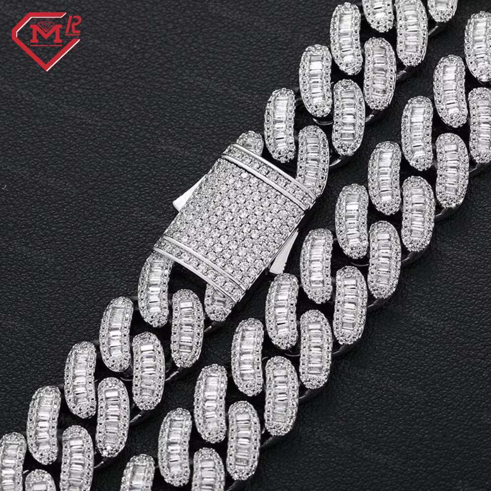 Hiphop Miami Cuban Link Chain 18mm Baguette Cut 925 Sterling Silver Iced Out Moissanite Chain Cuban