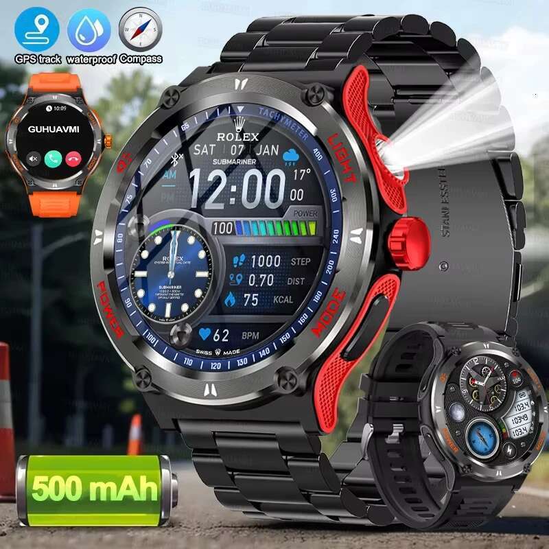 Sport extérieur Smart Watch Men GPS Fiess Compass LED Lampe de poche 3atm imperméable BT5.3 Appelez Smartwatch pour iOS Android