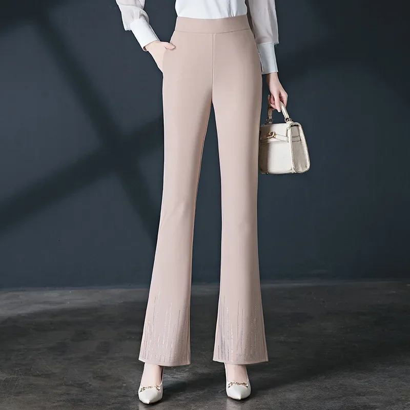 Spring High Waist Micro Flash Casual Womens Trouser Almond Elastic Diamond Temperature Fish Tail Pants 250428