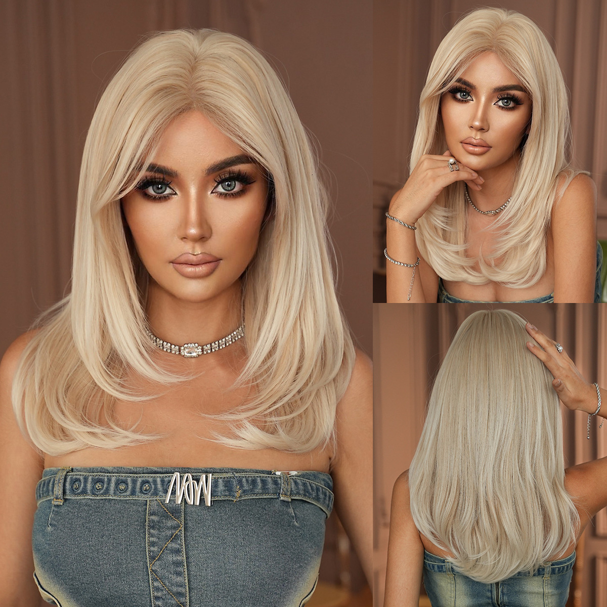 Hot Asian Girl White Gradient Wig Female Full Headset Small Lace Layered Inner Buckle Straight Hair Simulation Sewing Wig