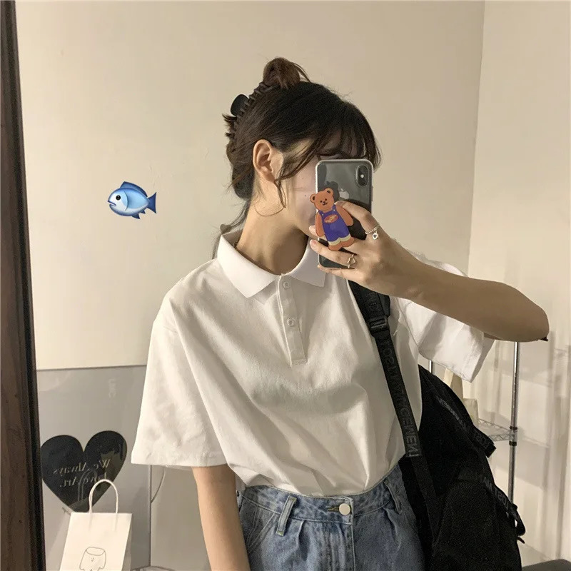 2025 summer solid color college style sports polo shirt female student class uniform collar short sleeved Tshirt 250425