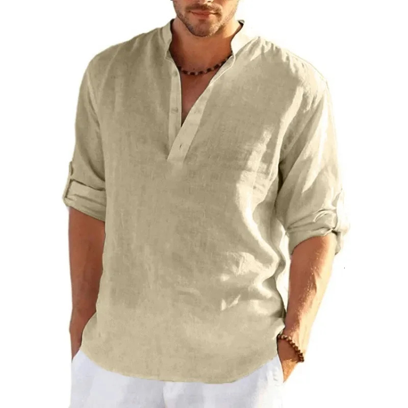 mens linen long sleeved solid color loose casual breathable shirt cotton mens shirt er lightweight streetwear 250427