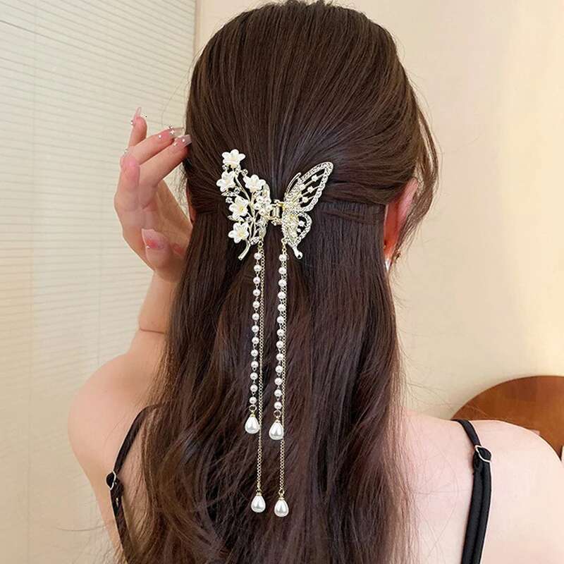 Butterfly Tassel Pearl Claw Red Flower Festival Hairpin For Girls Ponytail Hair Clips Crab Women Fashion Accessories Gifts