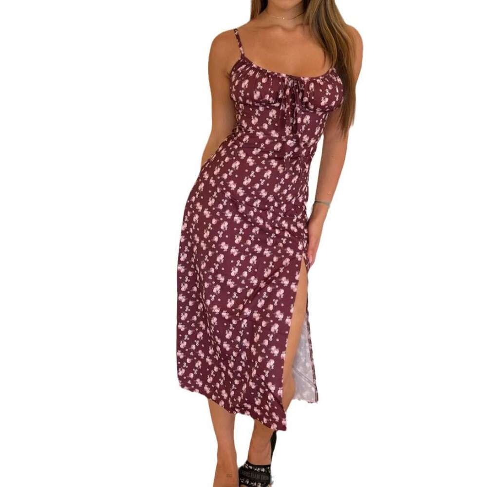 Spring Summer INS European American Women's Sexy Fashionable Printed Lace up Split Strap Dress New Style Unique and Elegant Clothing