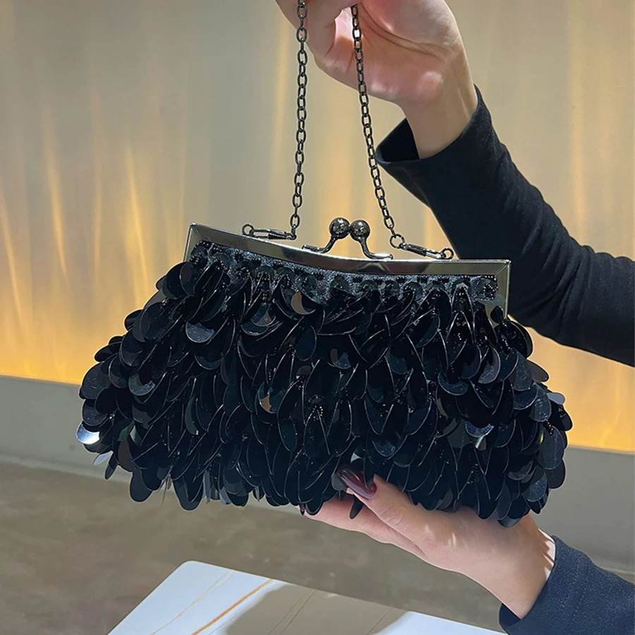 Fashion sequin bead evening bag womens green dinner party clutch wallet hand woven chain shoulder flash handbag Sac 250428