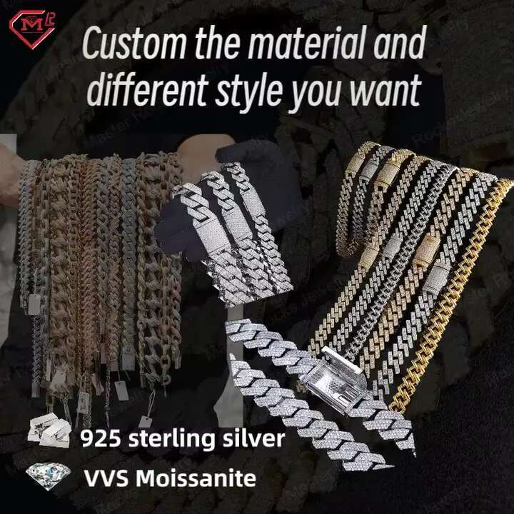 Men 15mm 18mm Baguette Moissanite Cuban 925 Silver Hiphop Iced Out Moissanite Cuban Link Chain