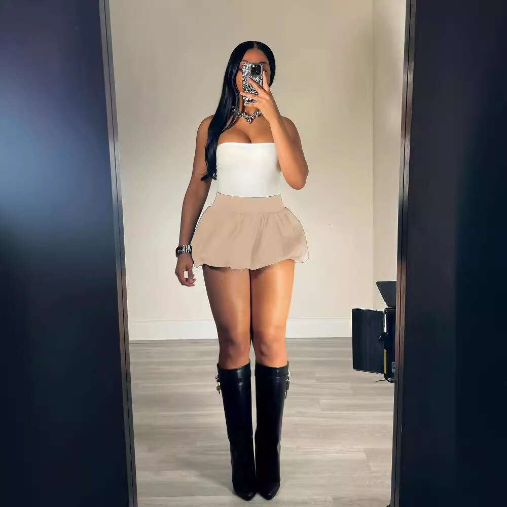 European and American style pleated bubble solid color elastic waist ultra short mini skirt 2025 new casual fashion trend clothing