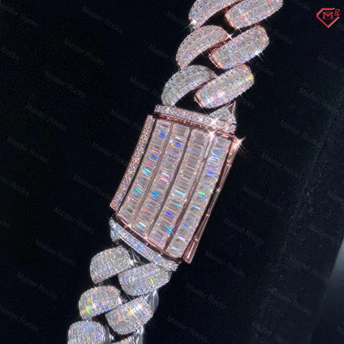 Luxury Hip Hop Jewelry 20mm Iced Out Cuban Rose Gold Two Tone Baguette Cut Moissanite Cuban Link Chain
