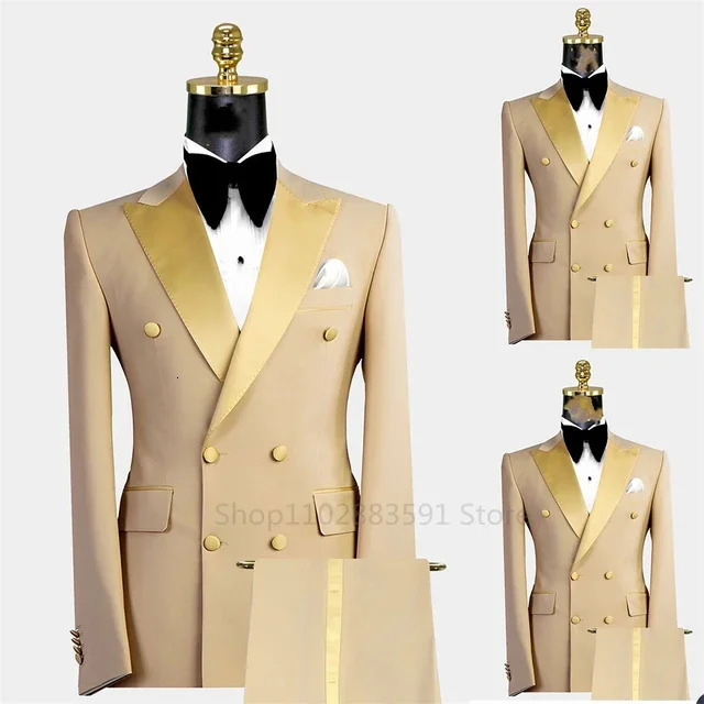 2 pieces jacketpants mens double breasted tailcoat formal slim fit open collar party solid color khaki wedding dress 250428