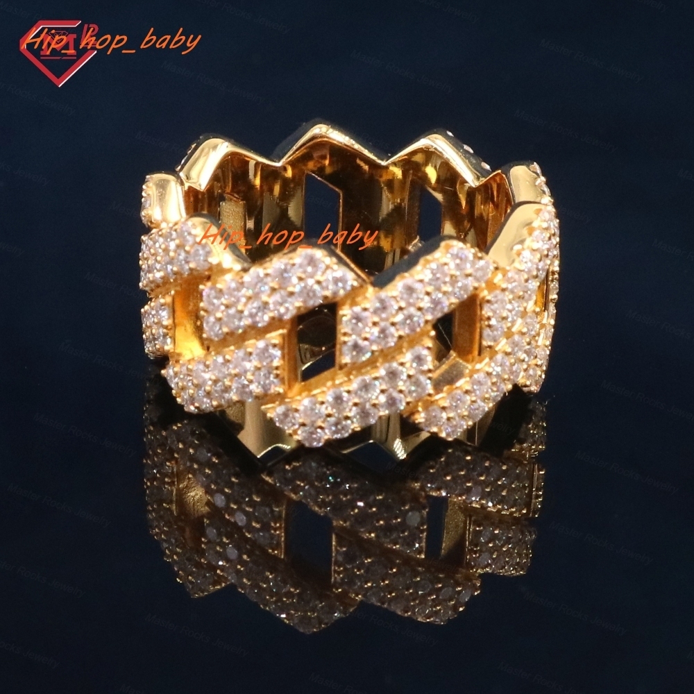Rappers 2 Rows Cuban Ring Moissanite 925 Sterling Silver VVS Iced Out Mens Hip Hop Moissanite Ring