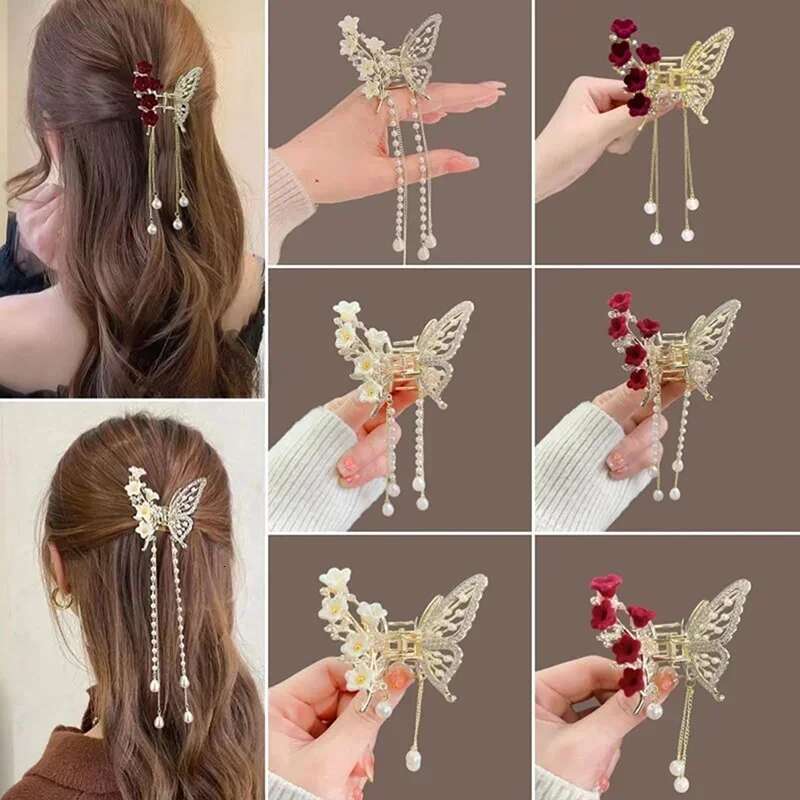 Butterfly Tassel Pearl Claw Red Flower Festival Hairpin For Girls Ponytail Hair Clips Crab Women Fashion Accessories Gifts