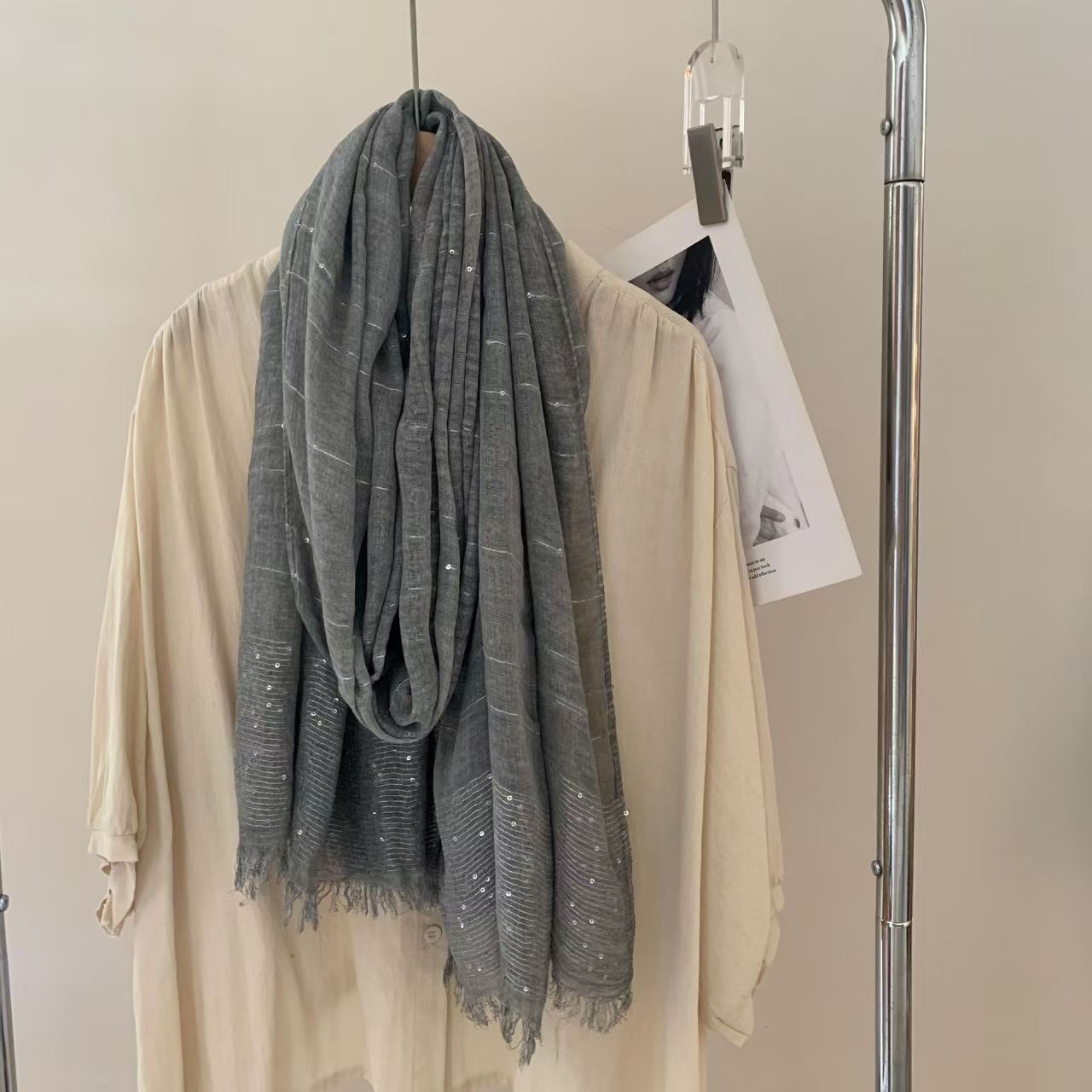 T616 new sequined dirty dyed shawl women's solid color scarf spring and autumn winter all-match cotton and linen light acrylic neck scarf