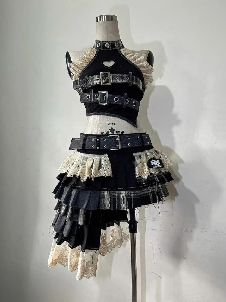 Summer Gothic Punk Elegant Womens Set Y2k Shoulder Strap Hollow Splicing n 2piece Irregular Retro Odd 2025 250427