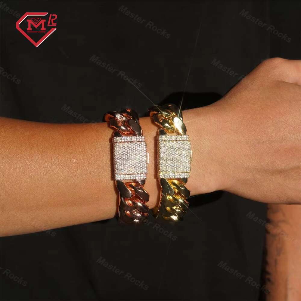 Rock Hiphop Jewelry 15mm Cuban Chain Bracelet With Iced Out Moissanite Clasp 925 Sterling Silver Moissanite Bracelet