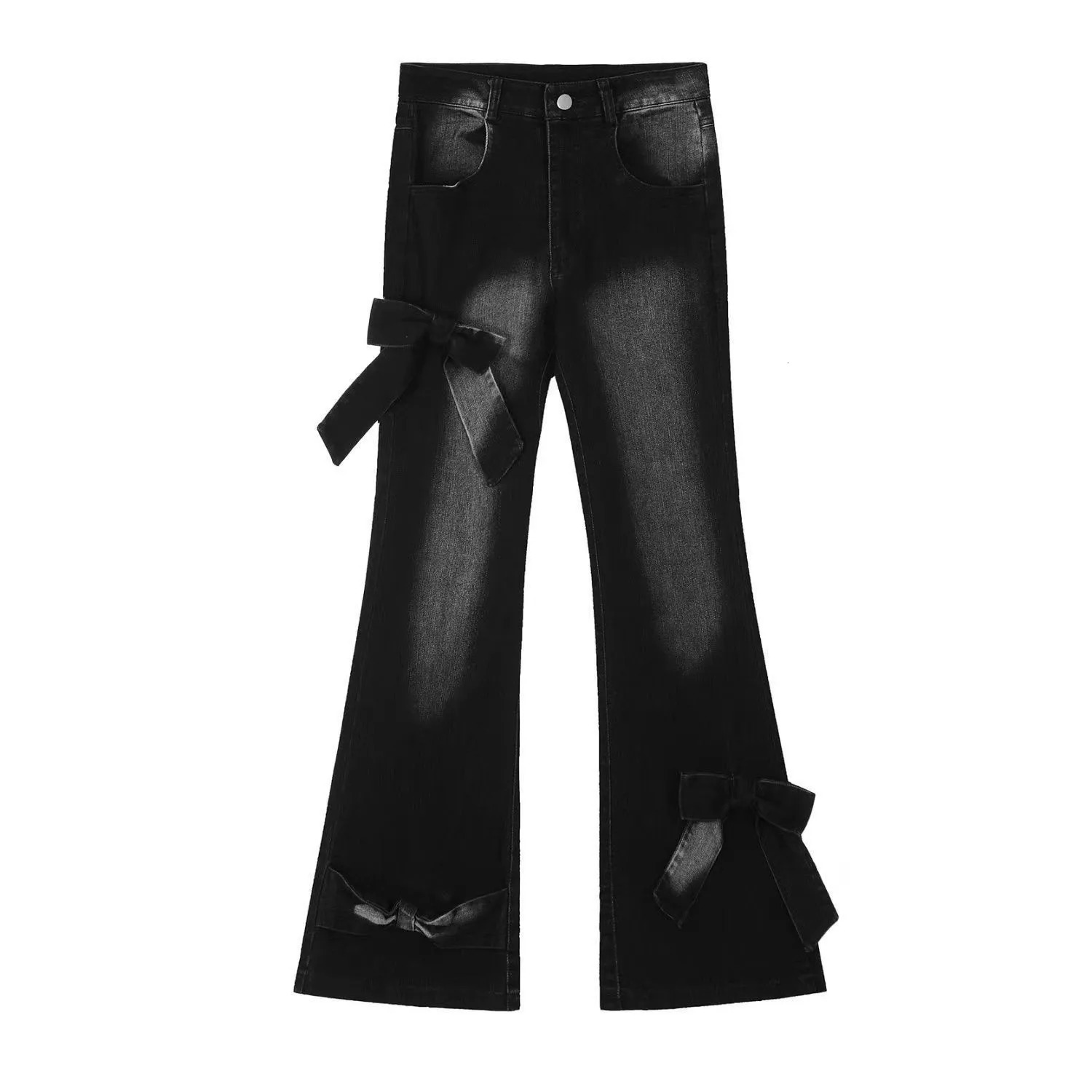 Womens Black Gothic Bow Shining Jeans Harajuku Aesthetics Y2K Denim Trouser High Waist Retro 2000s Garbage Clothing 250428