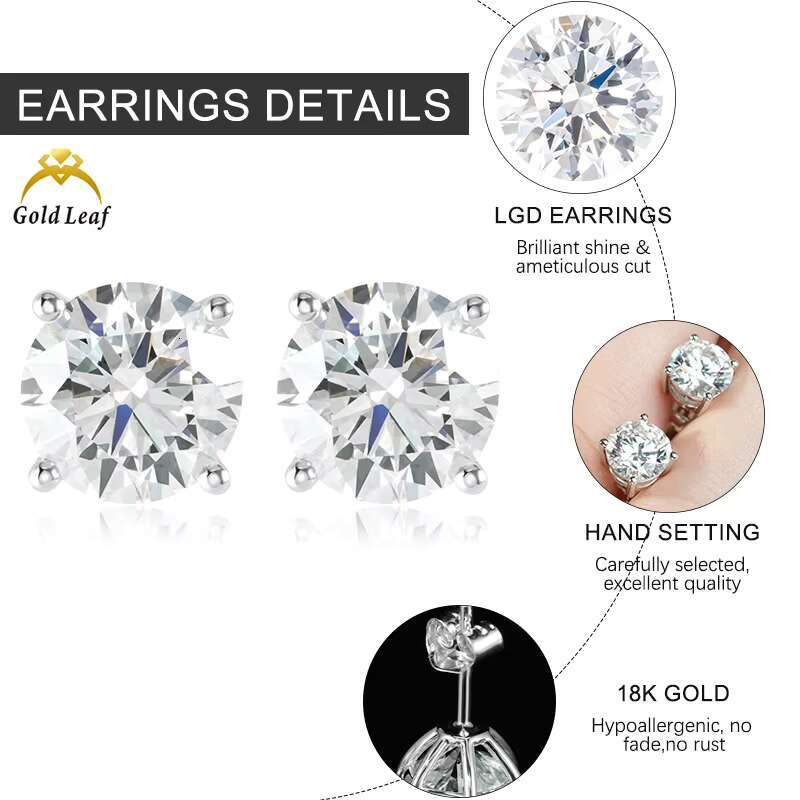 Unisex Lab Grown Diamond Earrings Stud 18K Gold 4 Claws Round Cut Diamond Jewelry Earrings for Wedding Engagement or Party Gift