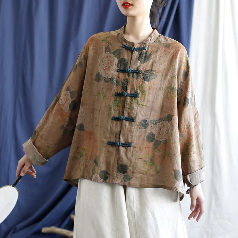 Womens retro cotton linen womens Tshirt and shirt long sleeved oversized coat 250422