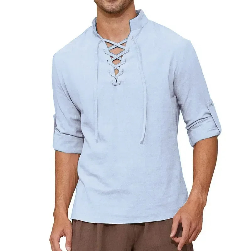 Mens pirate shirt long sleeved cotton linen medieval retro top Halloween costume roleplaying lottery Vneck Tshirt 250430Z