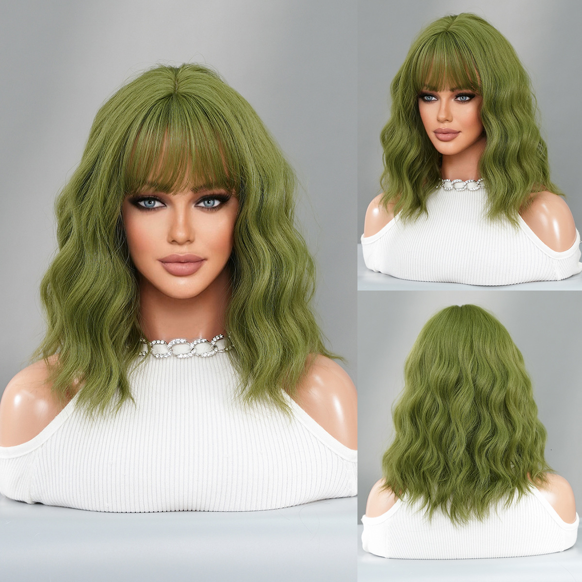 gold Gradient wave shoulder length wig for women full head cover with bangs hair dye on the top of the head commonly used in Japan