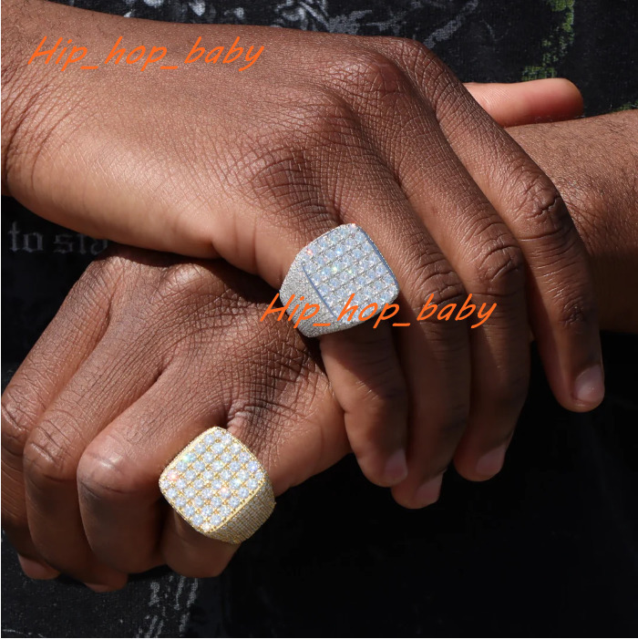 Fully Iced Out Sterling Silver 925 Rapper Square Rings Vvs Moissanite Diamond Hip Hop Moissanite Ring