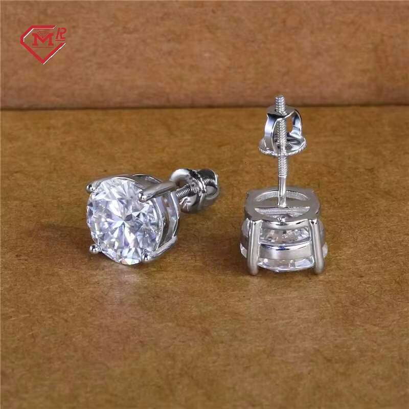 High Quality Round Stud Earrings S925 Sterling Silver Hip Hop Bling Screw Back Moissanite Earrings