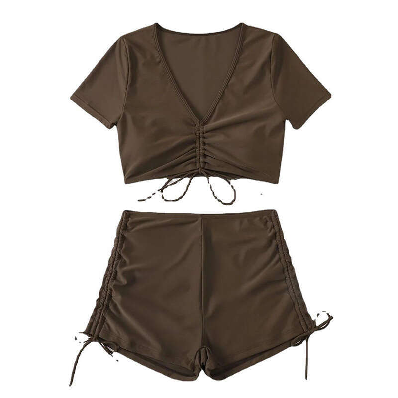 solid color V-neck sexy two-piece bikini European and American drawstring flat angle sports beach swimsuit women's temperament versatile new tren