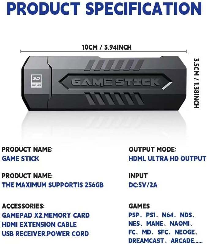 New Retro Game Console Stick, Nostalgic Game Stick, 30+ Emulators Built in 256 TF Card & 60000 Games, 2.4g Wireless controlle,Plug and Play TV Video G