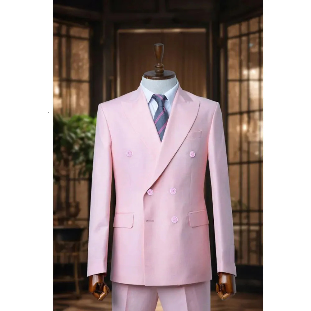 High quality pink mens 2piece set jacketpants double chest slim fit business gentleman wedding groom jacket 250428
