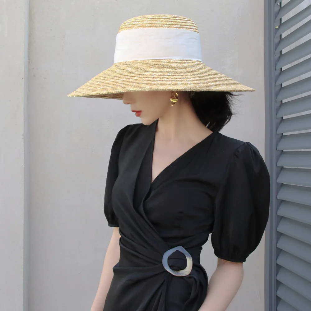 Summer straw hat French elegant seaside travel sun hat bow ribbon flat top large brim straw hat hats for women 250430
