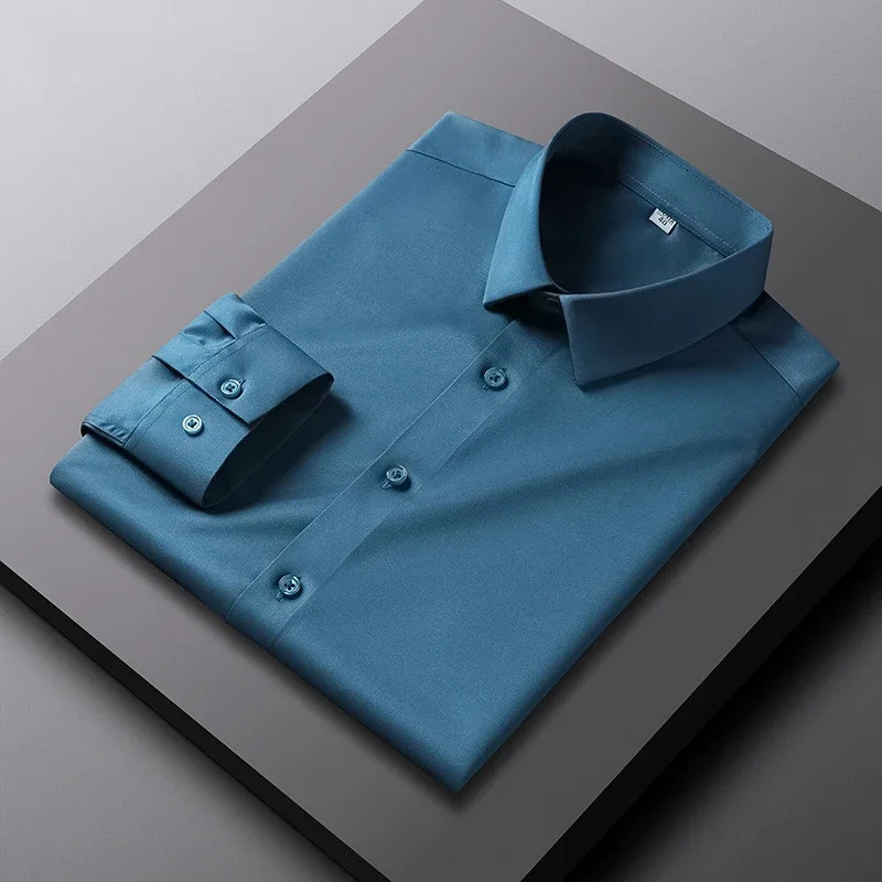 Mens casual and fashionable long sleeved solid color shirt non ironing resistant business top 250427